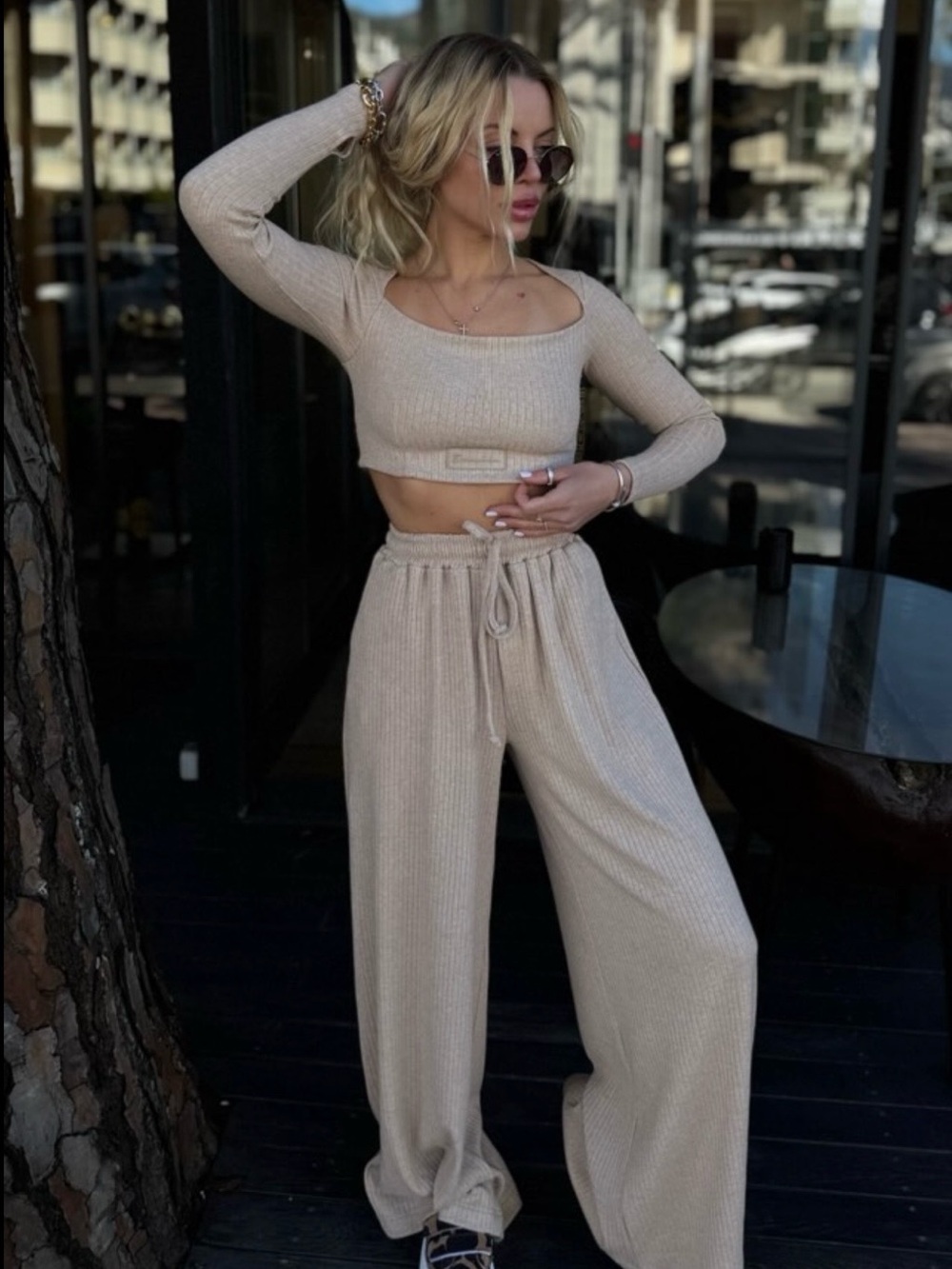 Women’s Beige Ribbed Knit Wide-Leg Pants and crop top